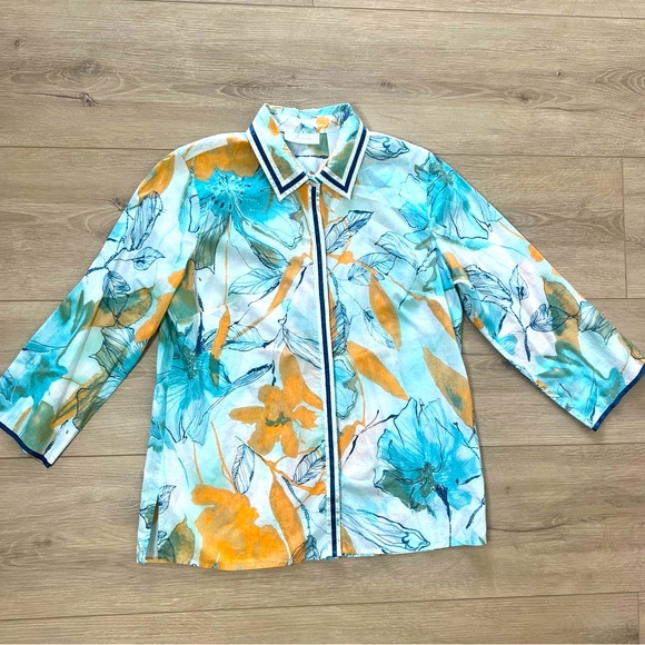J.H. Collectibles Button Up Shirt Tropical Blue Orange Floral Size Medium - Picture 1 of 8